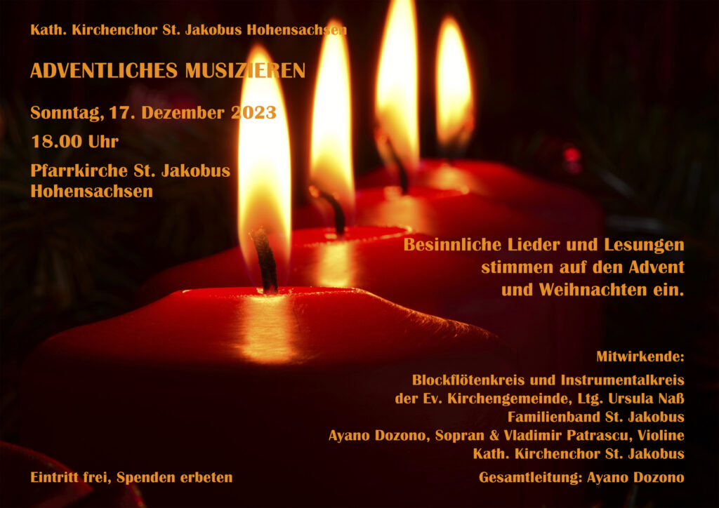 Herzliche Einladung zum Adventlichen Musizieren am 3. Adventssonntag, 17.12.23 um 18 Uhr in der Jakobuskirche Hohensachsen